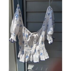 HM Blue Floral Smocked Puff Sleeve Peasant Top White Cottagecore Small